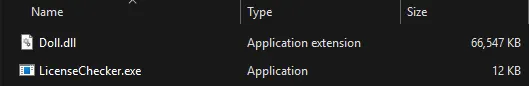 Files given from the CTF: a Doll.dll file and a LicenseChecker.exe file